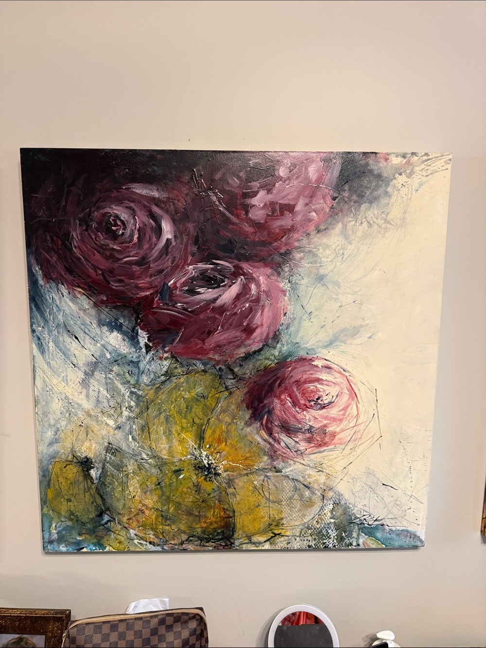 Modern Abstract Floral Canvas in Pink and Yellow